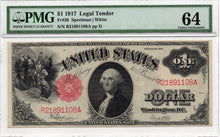 Load image into Gallery viewer, 1917 $1 US Legal Tender Large Note &quot;Sawhorse&quot; Red Seal FR-39 - PMG 64! Gorgeous!

