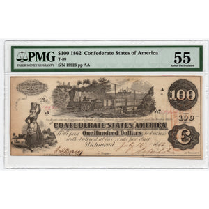 1862 - $100 Confederate States of America T-39 - PMG 55 - Antebellum Numismatics