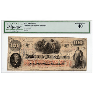 1862 - $100 Confederate States of America T-41 - Legacy EF-40 - Antebellum Numismatics