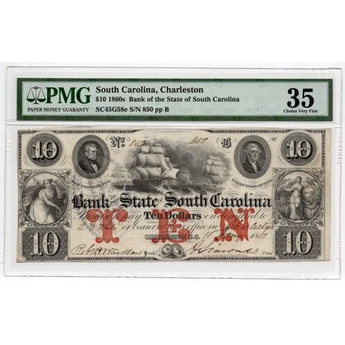 1860s - $10 Bank of South Carolina, Charleston - PMG 35 Obsolete - Antebellum Numismatics