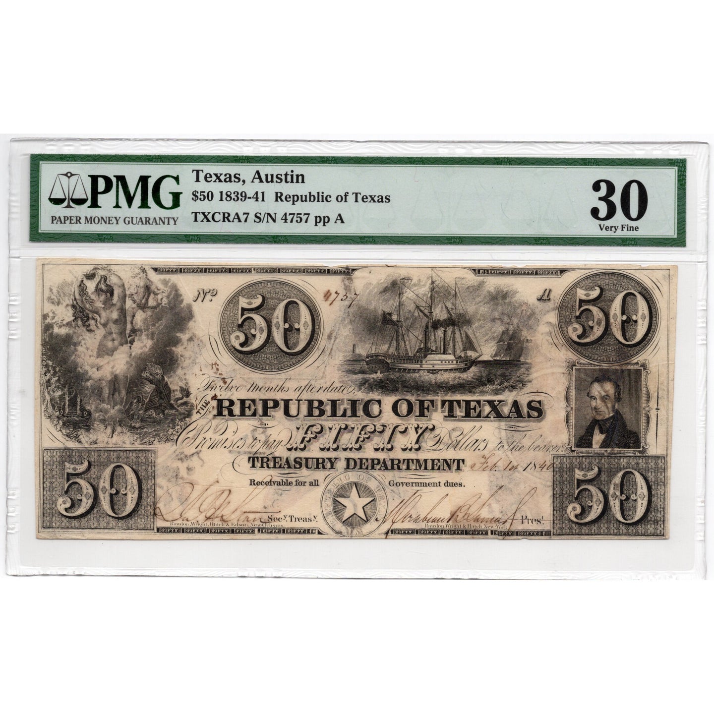 1839-41 $50 Republic of Texas, Austin - PMG 30 - Antebellum Numismatics