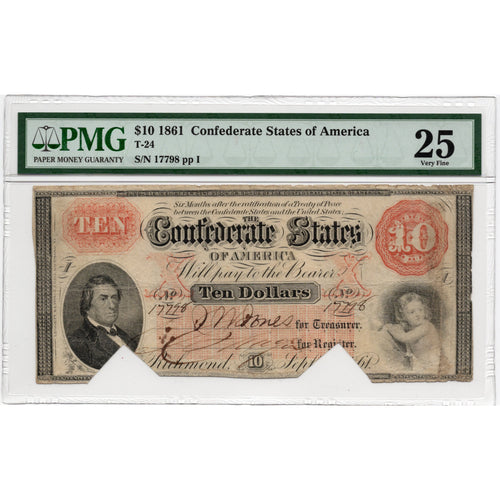 1861 $10 Confederate States of America T-24 - PMG Very Fine 25 - Antebellum Numismatics