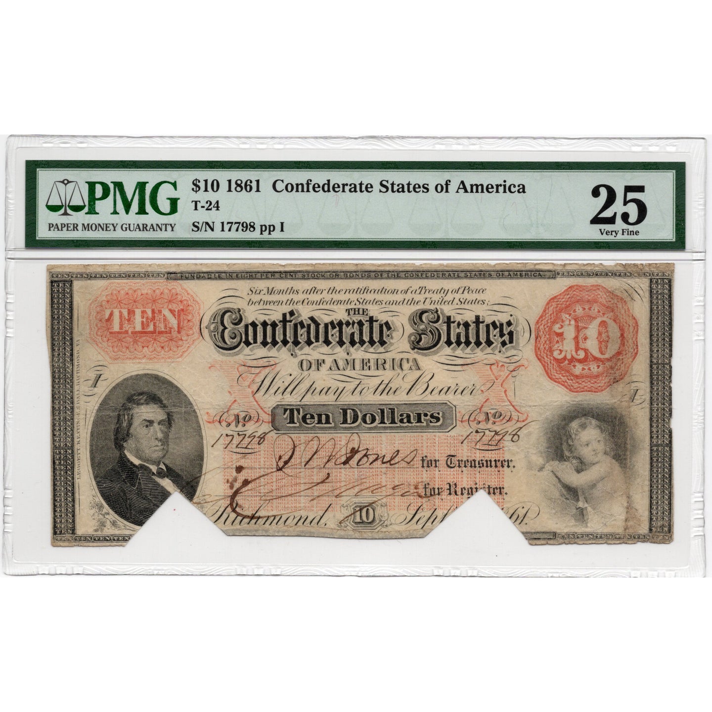 1861 $10 Confederate States of America T-24 - PMG Very Fine 25 - Antebellum Numismatics