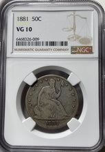 Load image into Gallery viewer, 1881 Seated Liberty Half Dollar - Rare Key Date - NGC VG10 - Nice Original!
