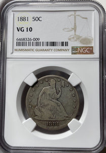 1881 Seated Liberty Half Dollar - Rare Key Date - NGC VG10 - Nice Original!