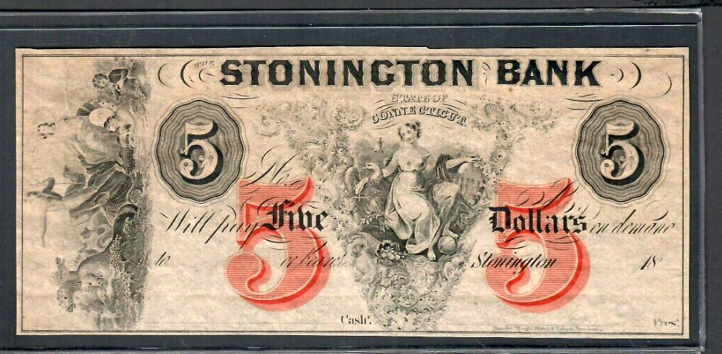 1800's $5 Stonington Bank, CT - Obsolete Bank Note - Choice Uncirculated!