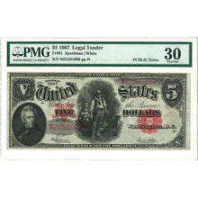 Load image into Gallery viewer, 1907 - $5 &quot;Woodchopper&quot; Legal Tender Large Note - PMG VF-30 (PCBLIC Error) - Antebellum Numismatics

