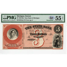 Load image into Gallery viewer, 1859-60s $3 State Bank of Michigan, Detroit - PMG-55 Obsolete Currency - Antebellum Numismatics
