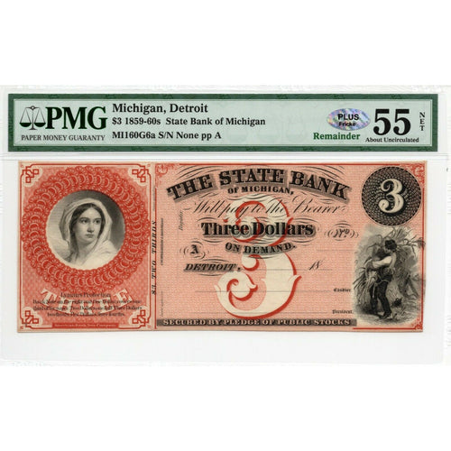 1859-60s $3 State Bank of Michigan, Detroit - PMG-55 Obsolete Currency - Antebellum Numismatics