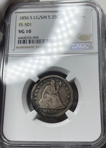 1856-S "Large S Over Small S" Seated Liberty Quarter - NGC VG10 - Rare FS-501!