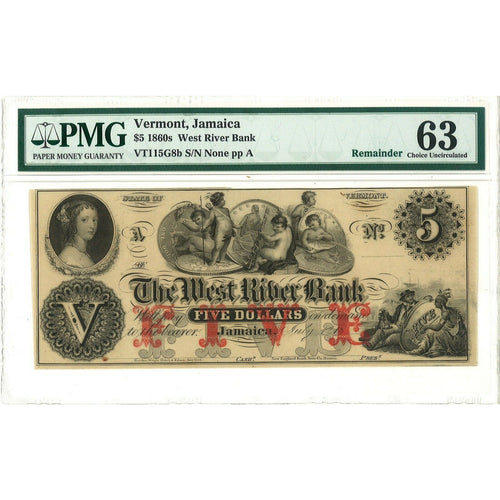1860s - $5 West River Bank Jamaica, Vermont - PMG 63 - Antebellum Numismatics