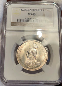1892 German East Africa Silver One Rupie - NGC MS63 - Gem Unc. - Rare Coin!