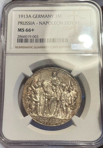 1913-A Germany Prussia 3 Mark "Napoleon Defeat" - NGC MS66+ - Superb GEM!