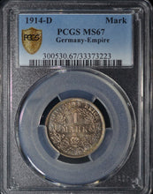 Load image into Gallery viewer, 1914-D Germany Wilhelm II Silver Mark, Munich mint - PCGS MS67 GEM -Beautifully Toned!
