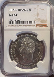 1829-D France Silver 5 Francs - NGC MS62 - GEM Unc. Top Pop! Charles X