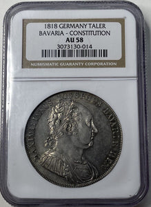 1818 Germany Bavaria Silver Thaler - "Constitution"- NGC AU58 - Superb Original!