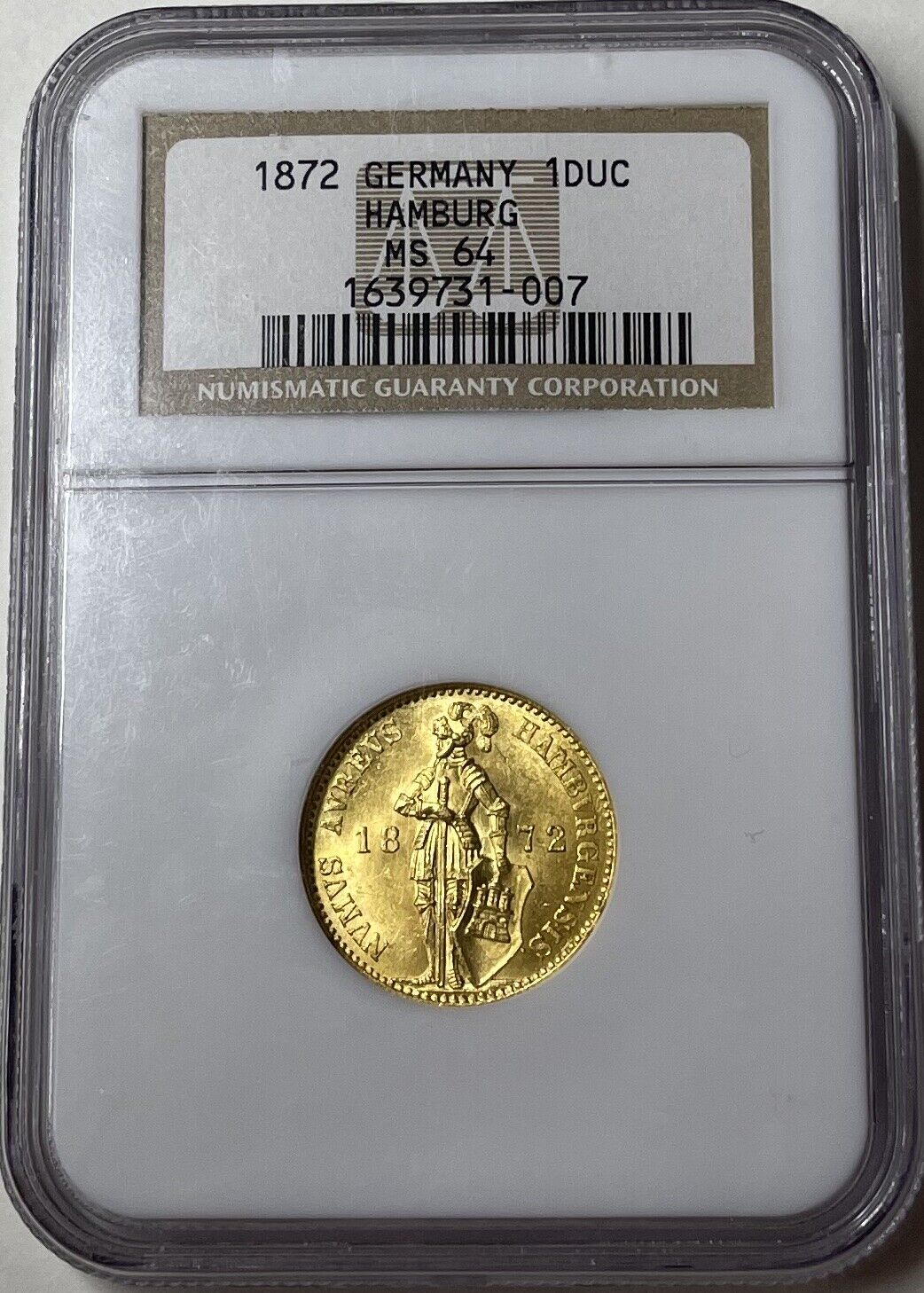 1872-B Germany Hamburg Gold Ducat - NGC MS64 - Beautiful Design