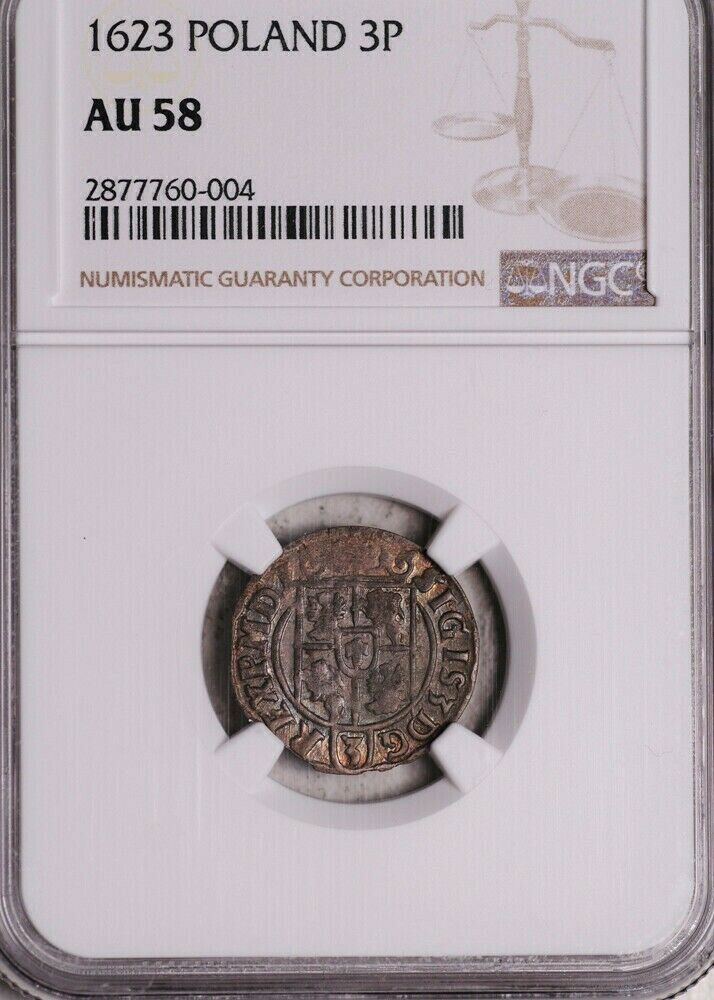 1623 Poland Silver 3 Polker - NGC AU58 - Nice Color - Vasa Dynasty! Krakow Mint