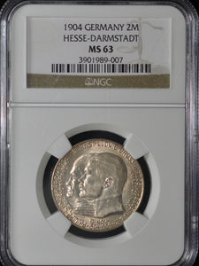 1904 Germany Hesse-Darmstadt Silver 2 Mark - NGC MS63 - Choice Eye Appeal & Rare!!