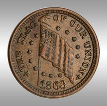 Load image into Gallery viewer, 1863 US Patriotic Civil War Token - The Flag of Our Union, Shoot Him on the Spot - Nice Eye Appeal! Civil War Era Token!
