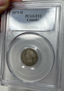 1875-H Canada 10 Cents Silver Dime - Rare KEY Date- PCGS Fine-12! Nice Original!